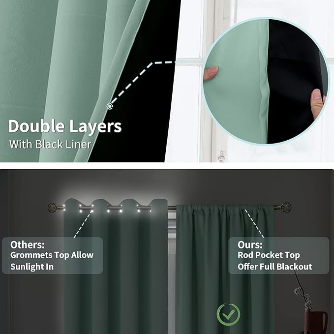 BGment Blackout Curtains for Bedroom with Rod Pocket, Room Darkening Curtains 100% Black-Out LivingRoom Curtains with Thermal Black Liner, Each Window Drapes 2 Panels, 42 x 84 Inch, Frosty Green
