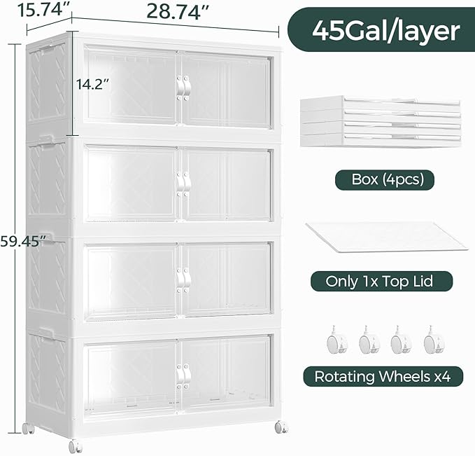 720QT Extra Large Stackable Storage Bins with Lid, 180Gal Collapsible Storage Box with Wheels and Doors, Plastic Closet Organizers and Storage Cabinet for Home Kitchen Office Dorm, 4Pack White