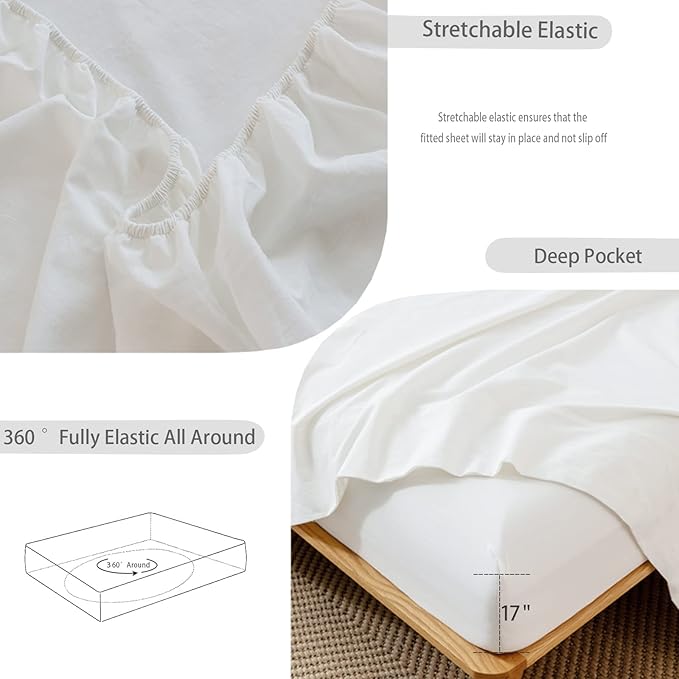MooMee Fitted Bottom Sheet Only 100% Washed Cotton Linen Like Textured Breathable Durable Soft Comfy Deep Pocket Fits Mattress up to 17" (Off White, California King)