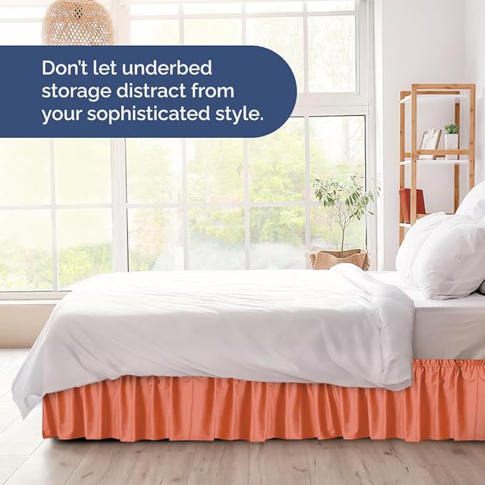 Wrap Around Dust Ruffle Bed Skirt - Coral - for Queen Size Beds with 21 Inch Drop - Easy Fit Elastic Strap - Adjustable Pleated Bedskirt w/Brushed Fabric - Wrinkle Free - for Women, Men, Kids & Teens