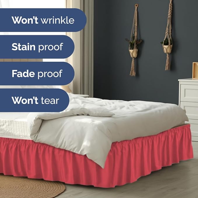 Wrap Around Dust Ruffle Bed Skirt - Red - for Queen Size Beds with 24 Inch Drop - Easy Fit Elastic Strap - Adjustable Pleated Bedskirt w/Brushed Fabric - Wrinkle Free - for Women, Men, Kids & Teens