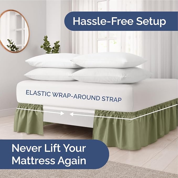 Wrap Around Dust Ruffle Bed Skirt - Sage Green - for Full Size Beds with 21 Inch Drop - Elastic Strap - Adjustable Pleated Bedskirt with Brushed Fabric and Wrinkle Free - for Women, Men, Kids & Teens