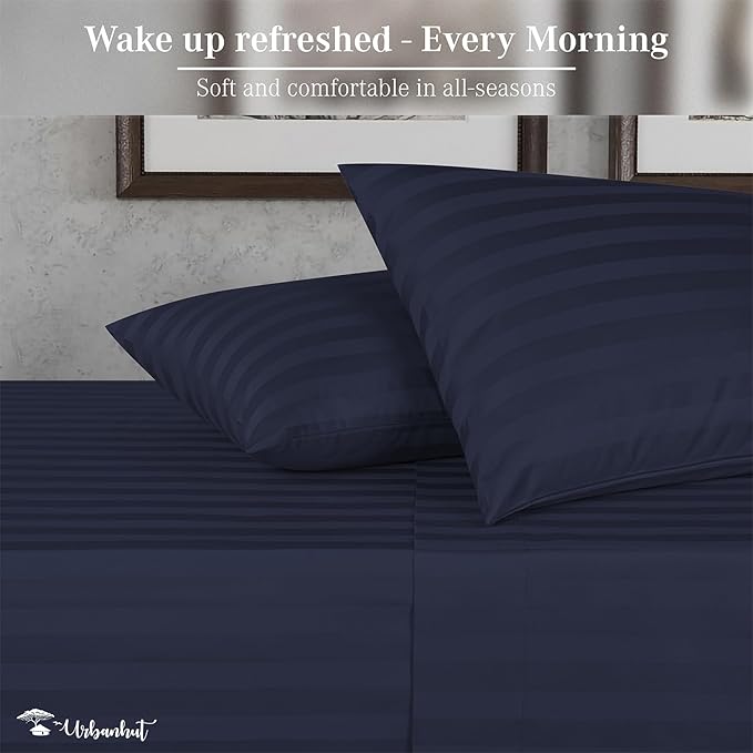 URBANHUT 800 Thread Count 100% Cotton Damask Twin Size Sheets, 4 Piece Striped Twin Size Bedsheets, Luxury Hotel Sheets Sateen Weave - Better Than Egyptian, 14" Elasticized Deep Pocket- Navy Blue
