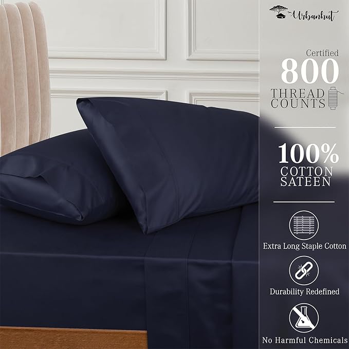 URBANHUT 800 Thread Count 100% Cotton Queen Size Sheets, Luxury 4 Piece Queen Bedsheets, Hotel Sheets Sateen Finish - Better Than Egyptian, 16" Elasticized Deep Pocket - Navy Blue