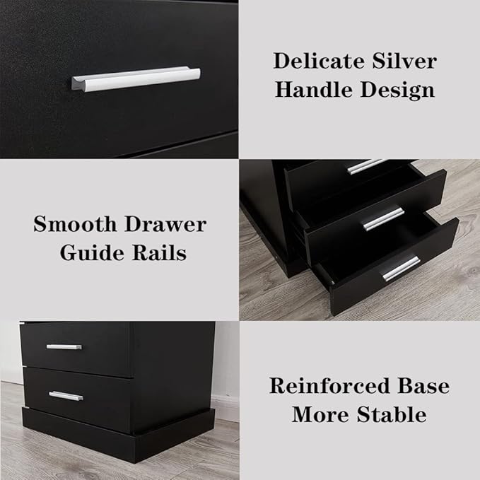 Halitaa Black LED Nightstand with Charging Station, Side Table with 3 Drawers and Light, End Table with Open Storage, Beside Cabinet for Bedroom (Black 2 Set)
