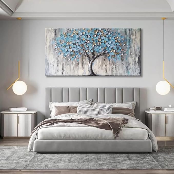 Blue Tree Canvas Wall Art - Modern Botanical Paintings for Living Room, Bedroom Wall Decor, Framed Wall Art for Home or Office Decoration, Large Wall Art 60x120cm(24x48in)