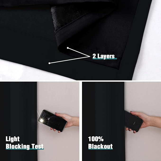 ChrisDowa 100% Blackout Curtains 72 inch Long for Bedroom with Black Liner, 2 Thick Layers Total Blackout Thermal Insulated Grommet Window Curtains 2 Panels Set (Black, 42 x 72 Inch)