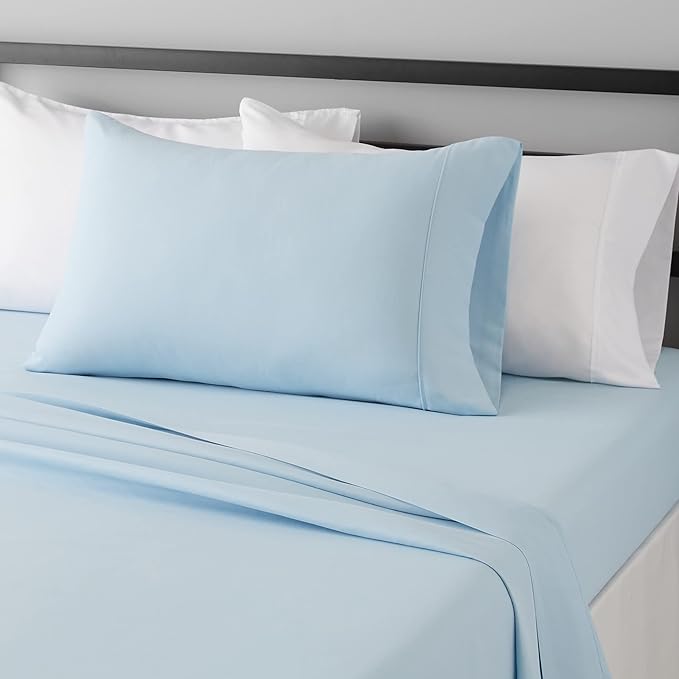 Amazon Basics Lightweight Super Soft Easy Care Wrinkle Free Microfiber 3 Piece Bed Sheet Set with 14-Inch Deep Pockets, Twin, Light Blue, Solid, Kids, Men & Women Bedding