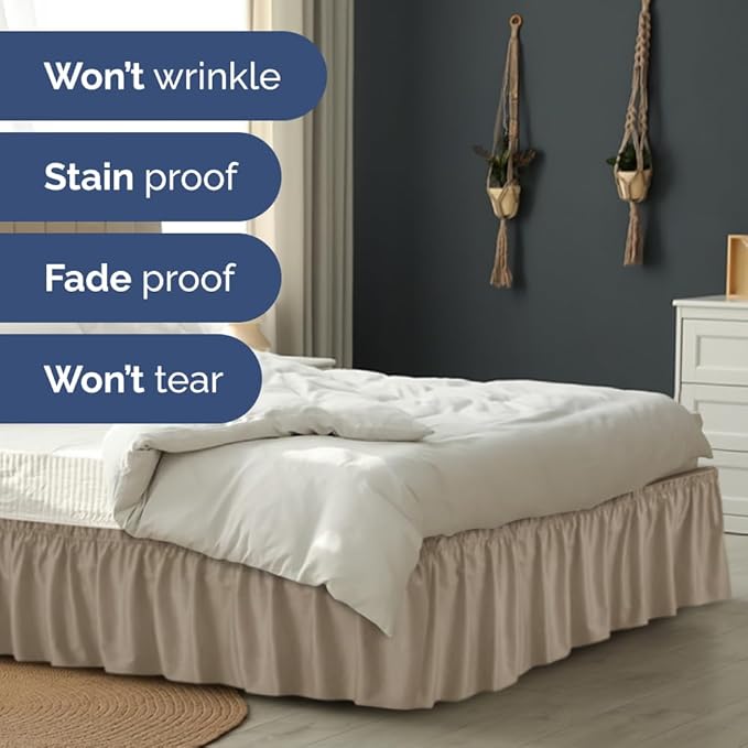 Wrap Around Dust Ruffle Bed Skirt - Cream - for Queen Size Beds w/ 14 Inch Drop - Easy Fit Elastic Strap - Adjustable Pleated Bedskirt w/Brushed Fabric, Wrinkle & Fade Free Women, Men, Kids & Teens