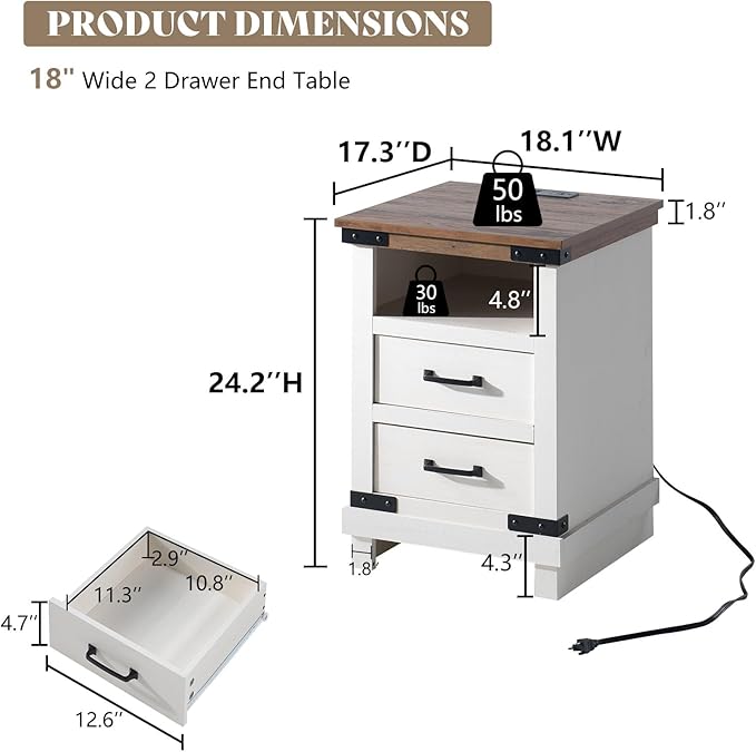 AMERLIFE Farmhouse Nightstand with Charging Station, 18" Wood Rustic Night Stand with 2 Storage Drawers, Heavy Duty Bedside Sofa Side End Tables for Bedroom, Living Room, Antique White