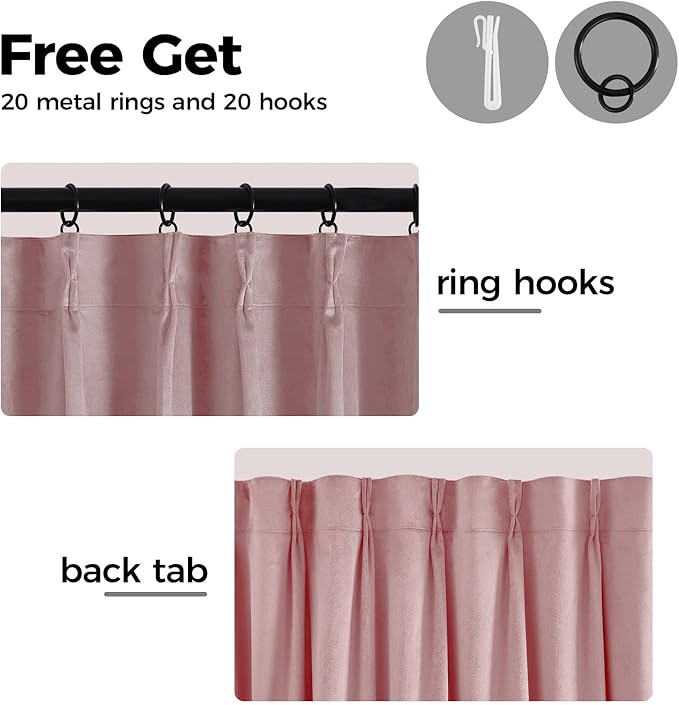 Pinch Pleated 100% Blackout Curtains for Bedroom, Pink Velvet Curtains for Living Room, Black Out Curtain 90 inch Long Room Darkening, Blackout Pinch Pleat Drapes with Hooks 2 Panels