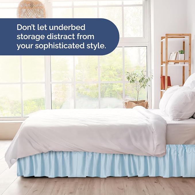 Wrap Around Dust Ruffle Bed Skirt - Light Blue - for King Size Beds with 12 Inch Drop - Elastic Strap - Adjustable Pleated Bedskirt with Brushed Fabric and Wrinkle Free - for Women, Men, Kids & Teens