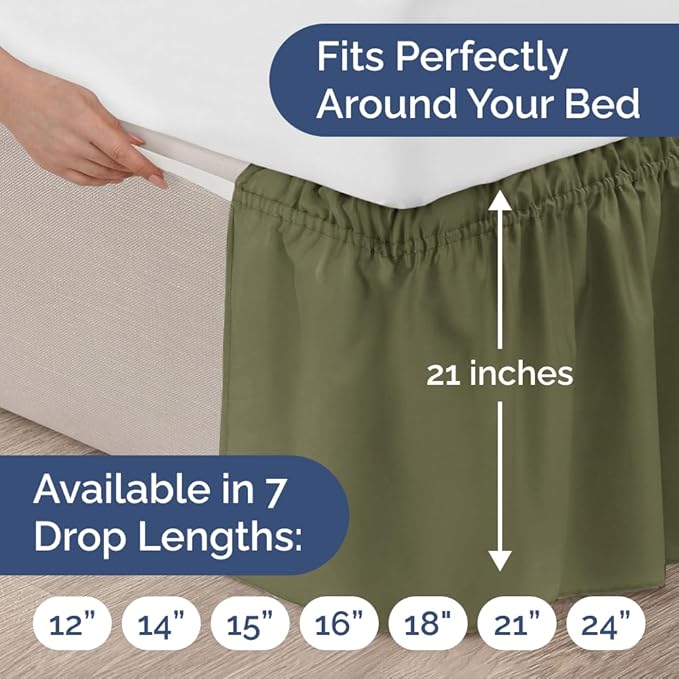 Wrap Around Dust Ruffle Bed Skirt - Sage Green - for Queen Size Beds with 21 Inch Drop - Elastic Strap - Adjustable Pleated Bedskirt with Brushed Fabric and Wrinkle Free - For Women, Men, Kids & Teens
