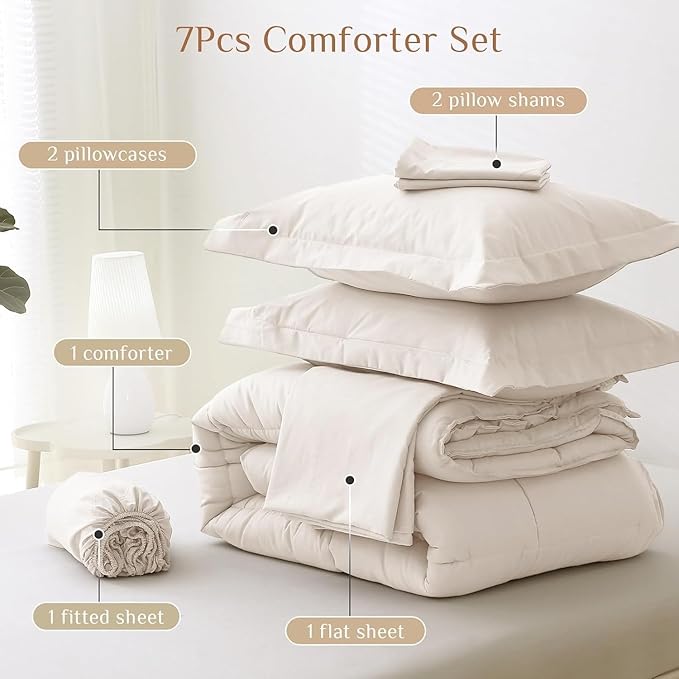 JOLLYVOGUE Oversized Queen Comforter Set, Ultra-Soft Bed in a Bag Oversized Queen Size 7 Pieces, Oeko-TEX Certified Bedding Set with Down Alternative Comforter, Sheets, Pillowcases & Shams, Beige