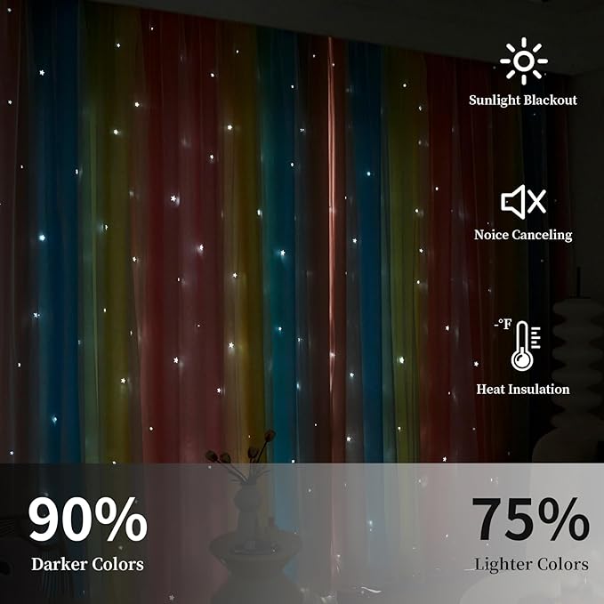 Star Blackout Curtains for Bedroom - Rainbow, 96 Inch Long, 2 Panels, Red, Yellow & Blue