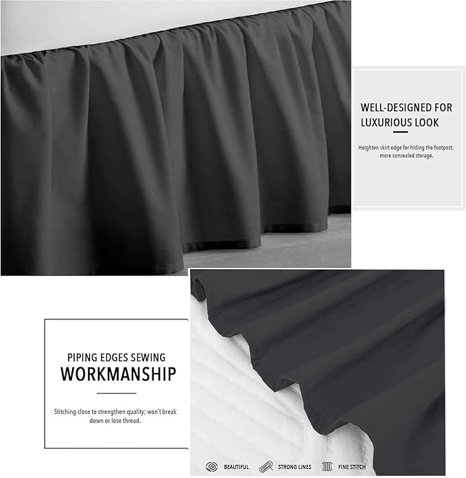 Dark Grey Solid Ruffled Bed Skirt Cal-King-20 Inch Drop Split Corner, Microfiber Bedskirt with Platform Three Sided Coverage