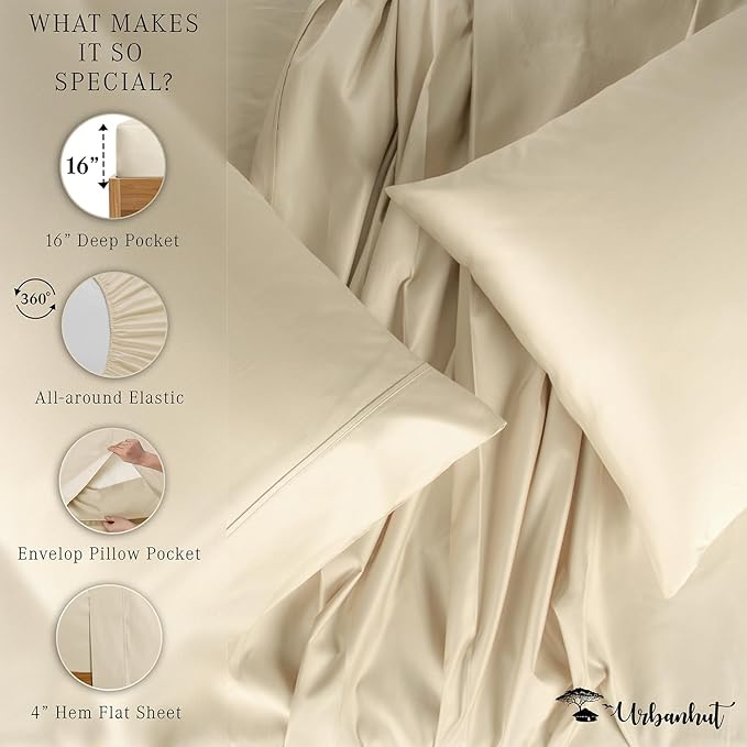 URBANHUT 800 Thread Count 100% Cotton Queen Size Sheets, Luxury 4 Piece Queen Bedsheets, Hotel Sheets Sateen Finish - Better Than Egyptian, 16" Elasticized Deep Pocket - Ivory
