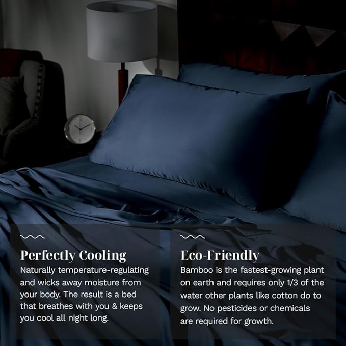 LUXOME Luxury Sheet Set | 100% Rayon (Viscose) from Bamboo | Queen Size - Navy | Deep Pockets | 4-Piece Set (Fitted, Flat, 2 Pillowcases)