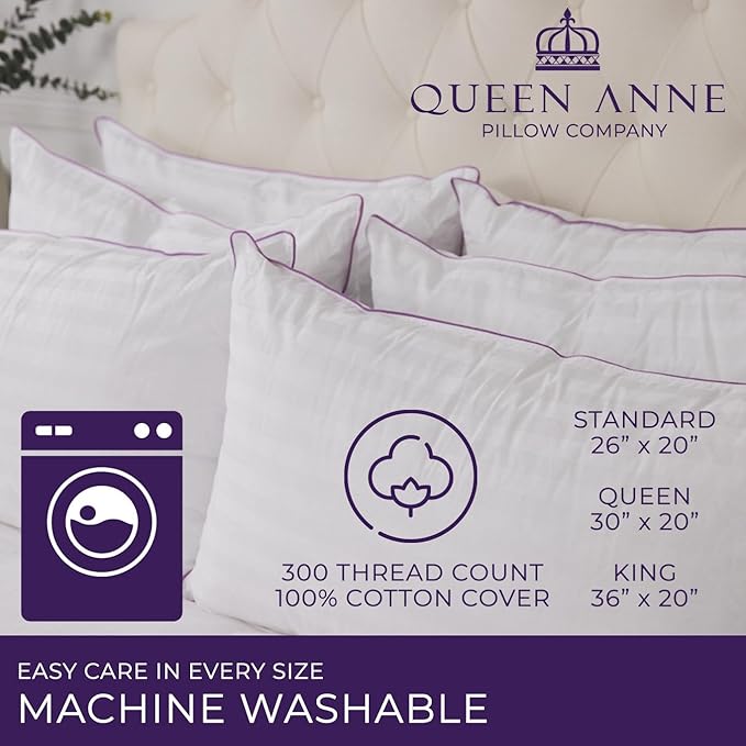 Queen Anne Hotel Collection Pillows – Luxury Down Alternative Bed Pillows (2-Pack, Standard Medium) – Ultimate Comfort, Hypoallergenic, Made in The USA