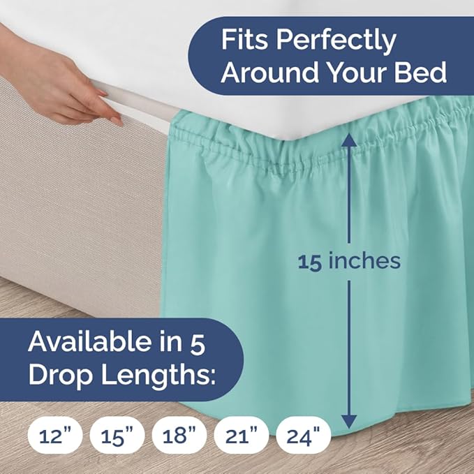 Wrap Around Dust Ruffle Bed Skirt - Spa Blue - for Full Size Beds with 15 Inch Drop - Easy Fit Elastic Strap - Adjustable Pleated Bedskirt w/Brushed Fabric Wrinkle Free - for Women, Men, Kids & Teens