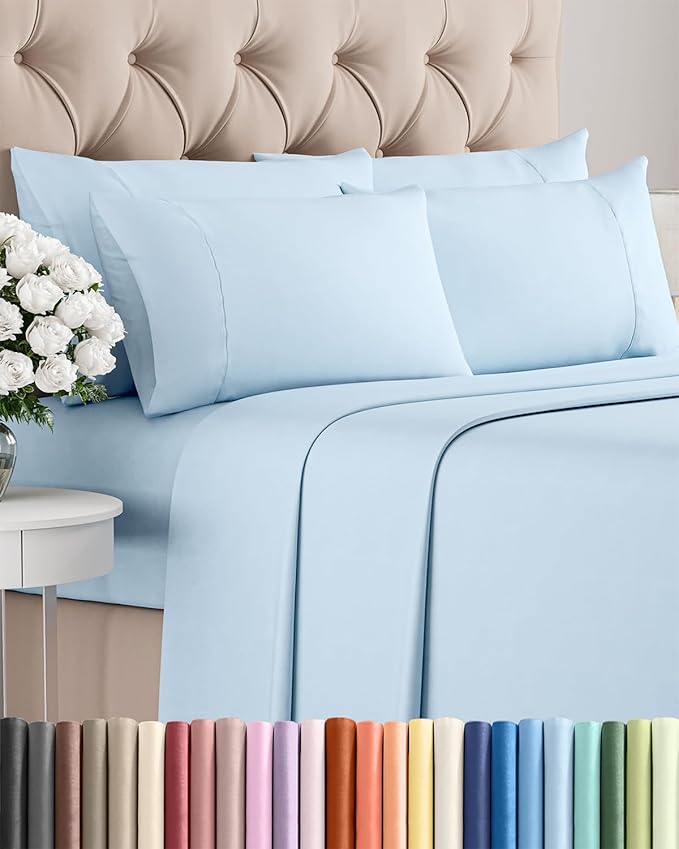Queen 6 Piece Sheet Set - Cooling, Comfy & Breathable - Hotel Luxury Bedding, Includes Fitted Sheet for Women, Men, Kids & Teens - 1 Flat, 1 Fitted Sheet, 4 Pillowcases with Deep Pockets - Baby Blue