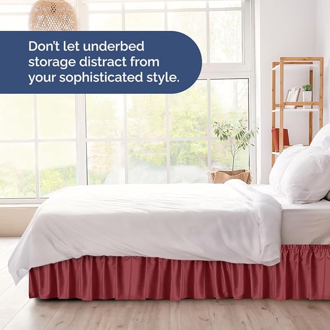 Wrap Around Dust Ruffle Bed Skirt - Burgundy - for Full Size Beds with 24 Inch Drop - Easy Fit Elastic Strap - Adjustable Pleated Bedskirt w/Brushed Fabric Wrinkle Free - for Women, Men, Kids & Teens