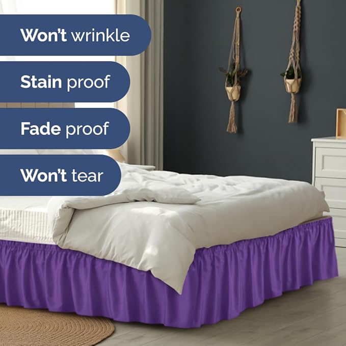 Wrap Around Dust Ruffle Bed Skirt - Purple - for Full Size Beds with 24 Inch Drop - Easy Fit Elastic Strap - Adjustable Pleated Bedskirt w/Brushed Fabric - Wrinkle Free - for Women, Men, Kids & Teens