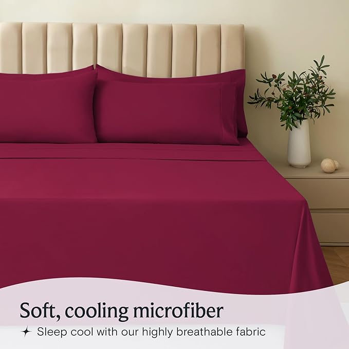 LuxClub 5 PC Split King Sheet Set, Deep Pockets Wrinkle Free Cooling Bed Sheets Hotel Bedding for Women, Men, Includes 2 Fitted Sheet, 1 Flat Sheet and 2 PillowcasesBurgundy