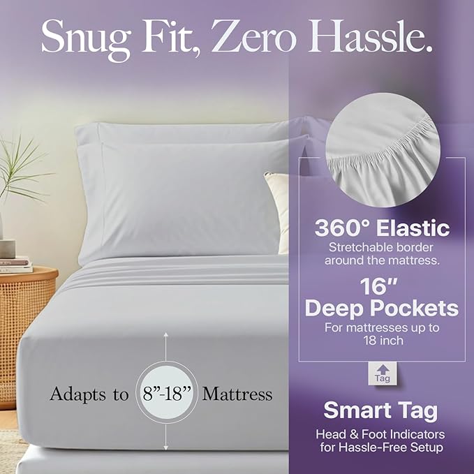 Carressa Linen 100% Egyptian Cotton Queen Sheet Set - 600 Thread Count Egyptian Cotton Queen Sheets Set (4 PC, Silver Gray), Ultra Soft, Cooling, 16" Deep Pocket Sateen Weave Luxury Hotel Bed Sheet