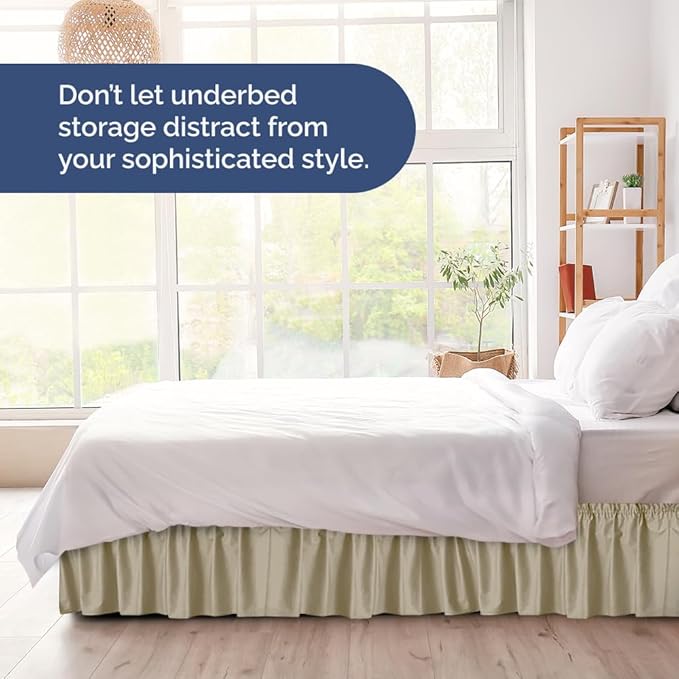 Wrap Around Dust Ruffle Bed Skirt - Beige - for Queen Size Beds with 15 Inch Drop - Easy Fit Elastic Strap - Adjustable Pleated Bedskirt w/Brushed Fabric - Wrinkle Free - for Women, Men, Kids & Teens