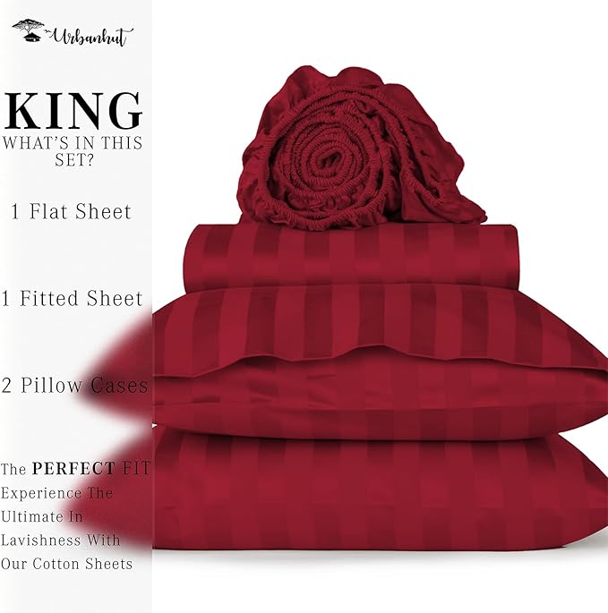 URBANHUT 800 Thread Count 100% Cotton Damask King Size Sheets, 4 Piece Striped King Size Bedsheets, Luxury Hotel Sheets Sateen Weave - Better Than Egyptian, 16" Elasticized Deep Pocket- Burgundy