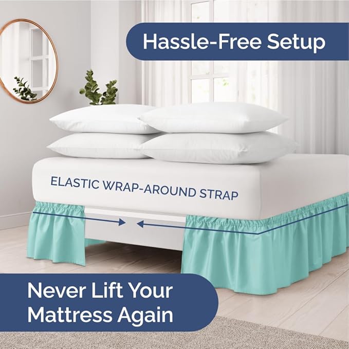 Wrap Around Dust Ruffle Bed Skirt - Spa Blue - Twin/Twin XL Size Beds with 21 Inch Drop - Easy Fit Elastic Strap - Adjustable Pleated Bedskirt w/Brushed Fabric Wrinkle Free - Women, Men, Kids & Teens
