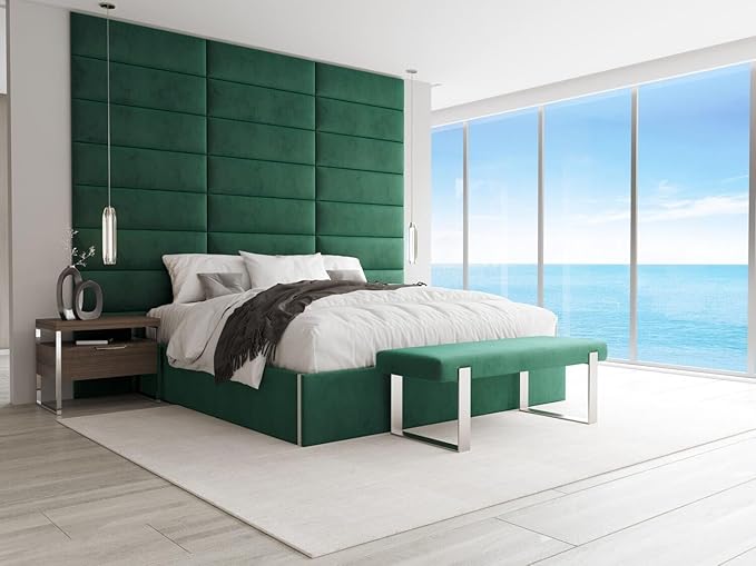 VANT Upholstered Bed Bench - Velvet Emerald Green - Matte Black - Contemporary Modern, Bedroom Bench Seat, Hallway, or Entryway