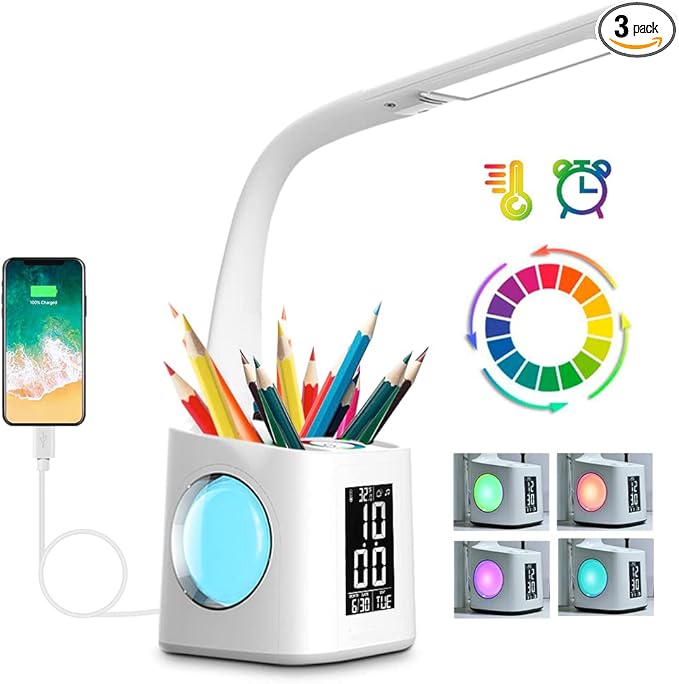 wanjiaone LED Desk Lamp with Clock,Color Changing Nightlight,Study Lamp with Pen Holder,Desk Light with USB Charger,Table Light for Home,Office,Bedroom,Gift for Kids,Students,Women,White