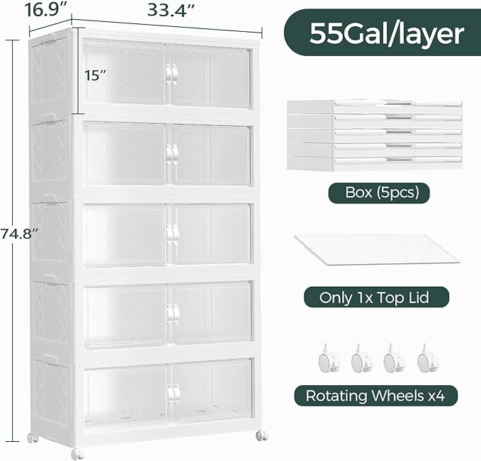 1100QT Extra Large Stackable Storage Bins with Lid, 275Gal Collapsible Storage Box with Wheels and Doors, Plastic Closet Organizer and Storage Cabinet for Home Kitchen Office Dorm, 5Pack White