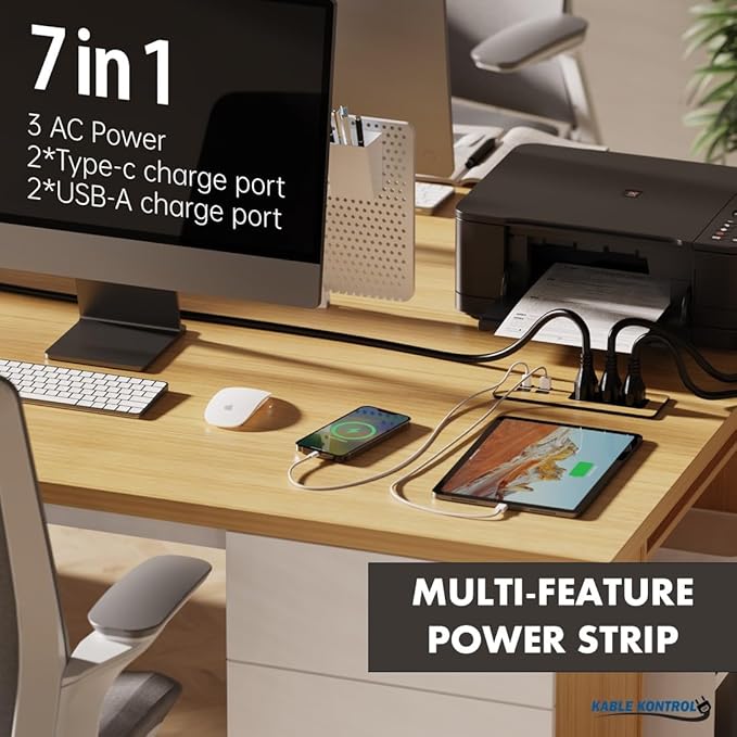 Kable Kontrol Recessed Power Strip Kit with Fast Charging 2 PD65W USB-C Ports, 2 USB-A Ports, 3 Power Desk Outlets, Replaceable Wooden Finish Panel Plate Flush Mount Charging Station Grommet - 5 Pcs