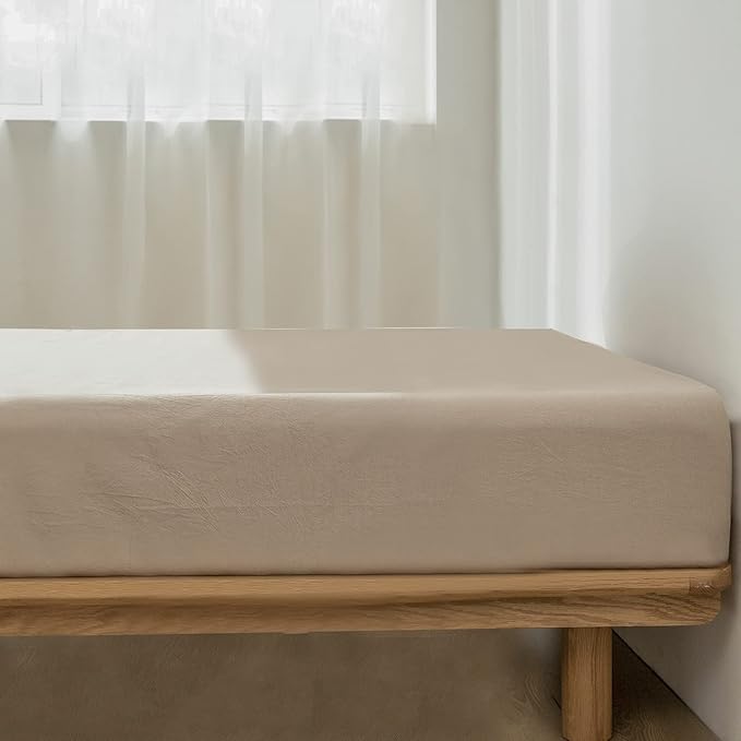 MooMee Fitted Bottom Sheet Only 100% Washed Cotton Linen Like Textured Breathable Durable Soft Comfy Deep Pocket Fits Mattress up to 17" (Taupe, King)