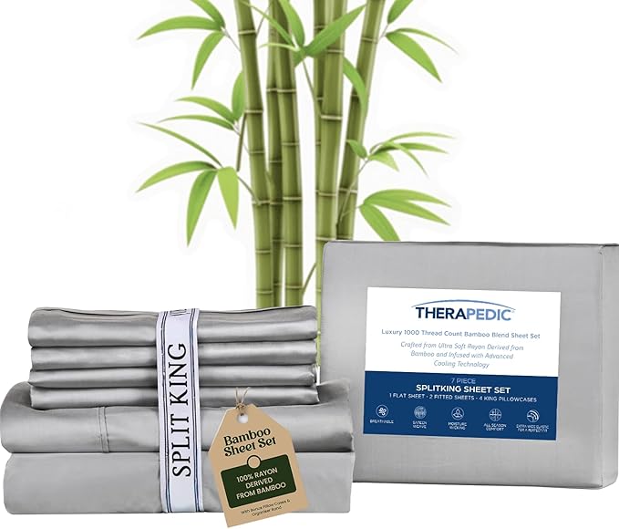 Therapedic 1000TC Split King 7-Piece Sheet Set - 100% Organic Rayon Dervied from Bamboo Blend with Cooling Fiber, Ideal for Hot Sleepers - 16" Deep Pocket Fitted Sheet, Bonus Pillowcases - Dark Grey