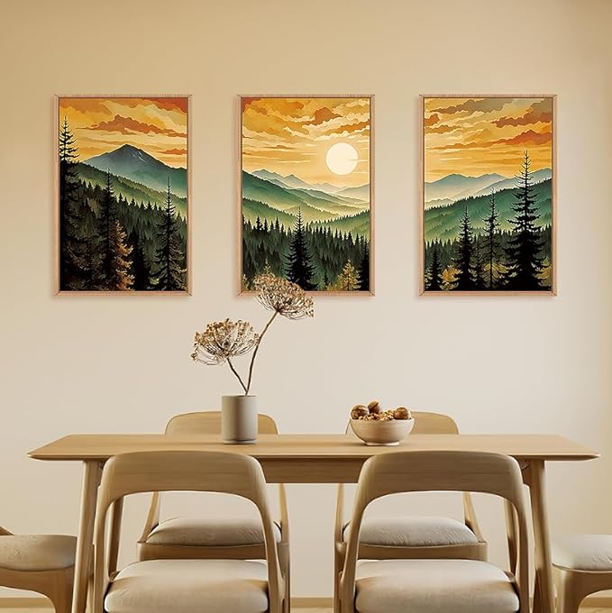 LHIUEM Large Boho Sunset Mountain Framed Canvas Wall Art,Retro Pine Tree Wall Decor,Nature Foggy Forest Wall Painting,Bohemian Landscape Artwork for Living Room,Bedroom,Dining Room,Office -24"x36"x3