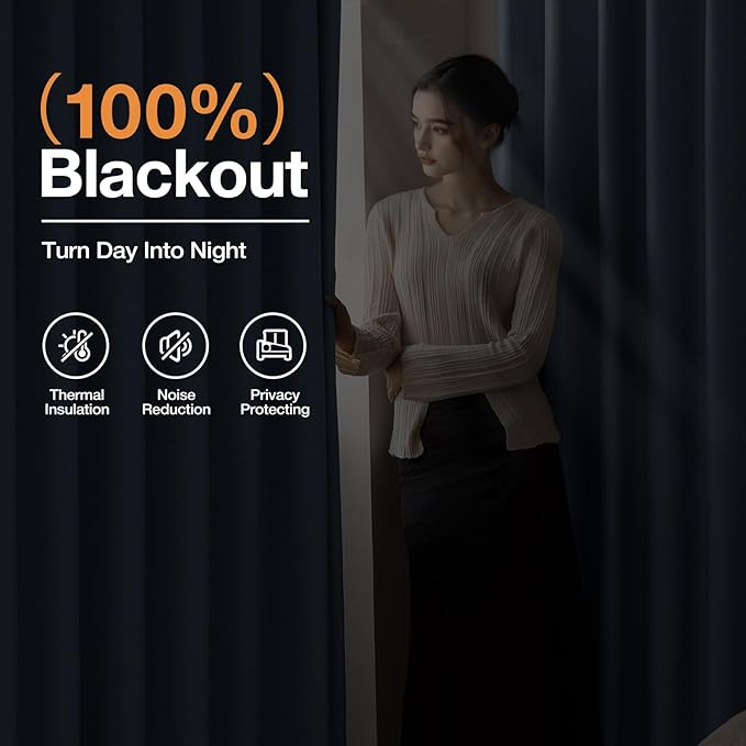 100% Blackout Grommet Linen Curtains for Living Room, Linen-Look Textured Full Light Blocking Room Darkening Thermal Insulated Drapes for Bedroom 2 Panels (W52xL92, Blue)