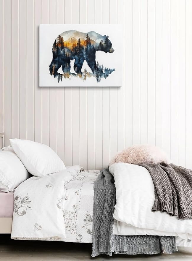 Forest Landscape Inside Bear Canvas Wall Art Framed Painting Watercolor Wildlife Wall Decor Artwork Print Poster Nature Mountain Silhouette Sunset for Living Room Home Office Cabin Decor 16x24 Inches