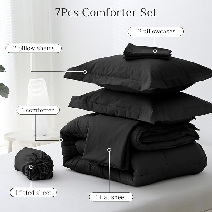 JOLLYVOGUE Oversized King Comforter Set, Ultra-Soft Bed in a Bag Oversized King Size 7 Pieces, Oeko-TEX Certified Bedding Set with Down Alternative Comforter, Sheets, Pillowcases & Shams, Black
