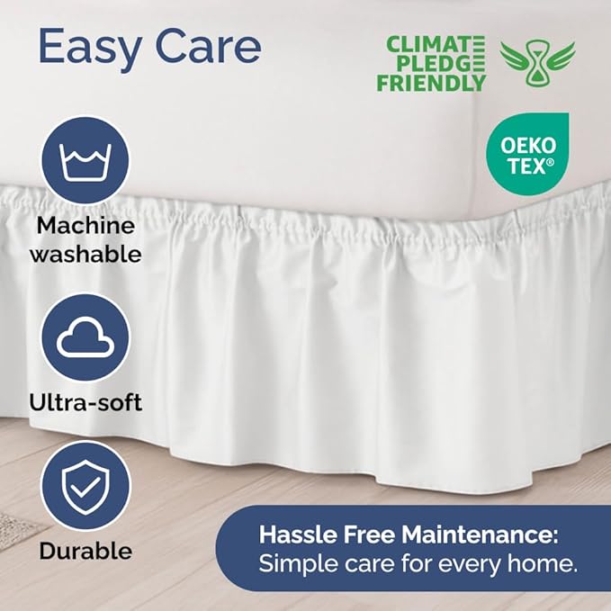 Wrap Around Dust Ruffle Bed Skirt - White - for Queen Size Beds w/ 14 Inch Drop - Easy Fit Elastic Strap - Adjustable Pleated Bedskirt w/Brushed Fabric, Wrinkle & Fade Free Women, Men, Kids & Teens