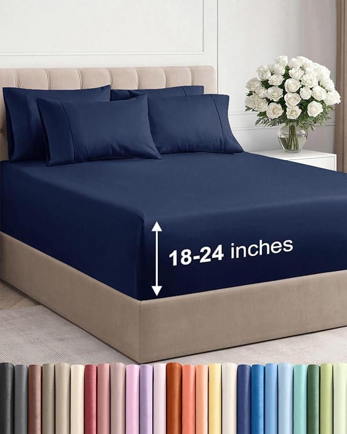 Extra Deep King Sheet Set - 6 Piece Breathable & Cooling Sheets - Hotel Luxury Bed Sheets Set - Easy & Secure Fit - Soft, Wrinkle Free & Comfy Sheets Set - Navy Blue Sheet Set with Extra Deep Pockets