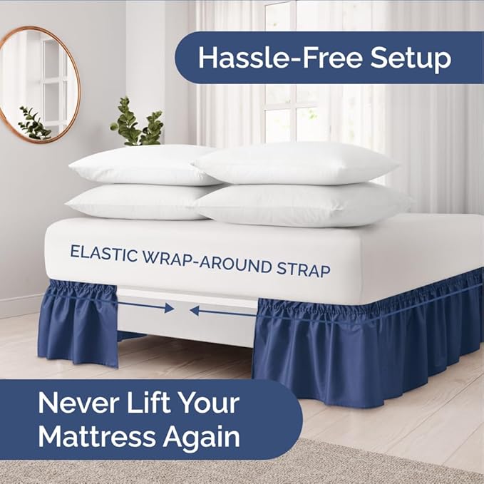 Wrap Around Dust Ruffle Bed Skirt - Navy Blue - for King Size Beds w/ 14 Inch Drop - Easy Fit Elastic Strap - Adjustable Pleated Bedskirt with Brushed Fabric, Wrinkle Free Women, Men, Kids and Teens