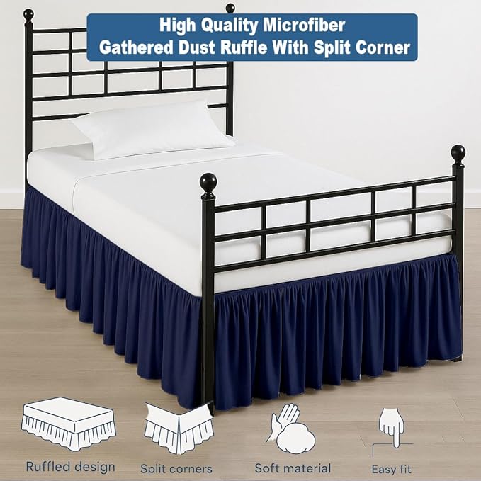 Ruffled Bed Skirt Split Corners with Platform, Tailored Fit Hotel Quality Wrinkle Free Ultra-Soft Microfiber Dust Ruffle, Upto 14 Inch Drop, Full XL, Navy Blue