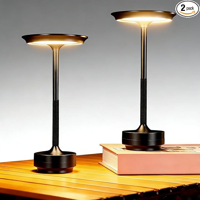 2 Pack Cordless Table Lamp Rechargeable, Portable Battery Powered USB Desk Lamp, 3 Color Dimming LED Table Light with Touch Control, for Bedroom/Restaurant/Office/Outdoor(Black)