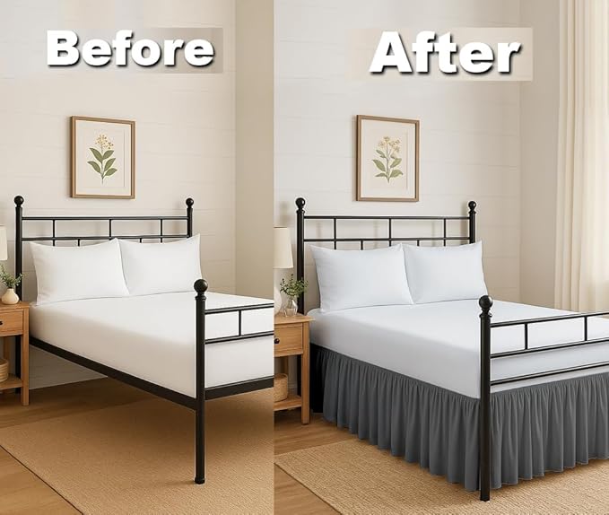 Ruffled Bed Skirt Split Corners with Platform, Tailored Fit Hotel Quality Wrinkle Free Ultra-Soft Microfiber Dust Ruffle, Upto 24 Inch Drop, Queen, Dark Grey