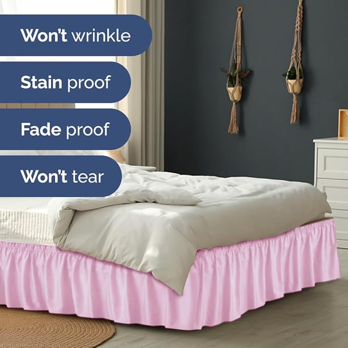 Wrap Around Dust Ruffle Bed Skirt - Light Pink - Twin/Twin XL Size Beds with 12 Inch Drop - Elastic Strap - Adjustable Pleated Bedskirt with Brushed Fabric and Wrinkle Free - Women, Men, Kids & Teens