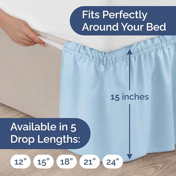 Wrap Around Dust Ruffle Bed Skirt - Light Blue - for Full Size Beds with 15 Inch Drop - Elastic Strap - Adjustable Pleated Bedskirt with Brushed Fabric and Wrinkle Free - for Women, Men, Kids & Teens